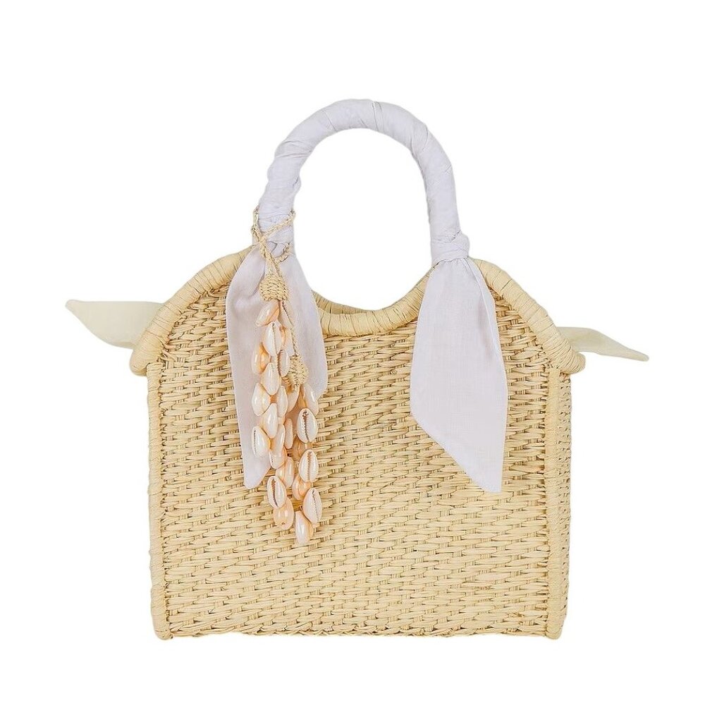 Natural Woven Mini Tote with Shell Charm – White Accent